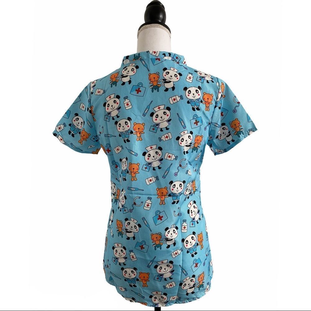 Scrub Top Medical Personnel Blue Panda & Teddy Bear Nurse Print Women’s Medium - Picture 3 of 5
